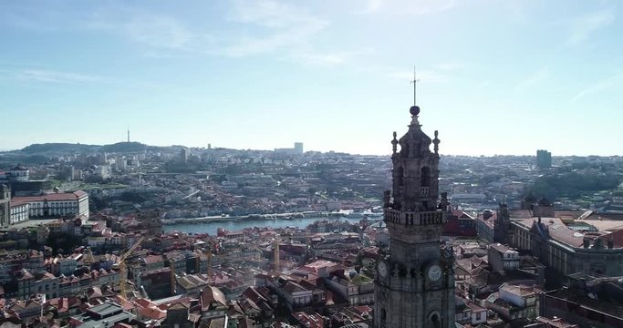 Aerial shot of Porto city, rounding Cl&eacute;rigos Tower