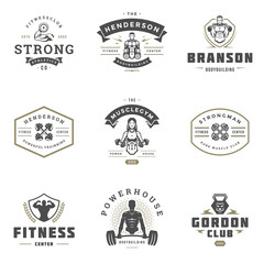 Set fitness center and sport gym logos and badges design