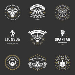 Set fitness center and sport gym logos and badges design