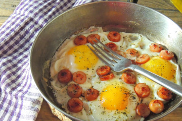 fried eggs with sausages