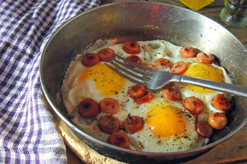 fried eggs with sausages