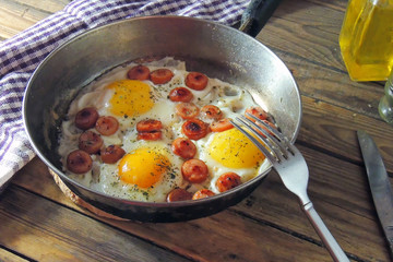 fried eggs with sausages