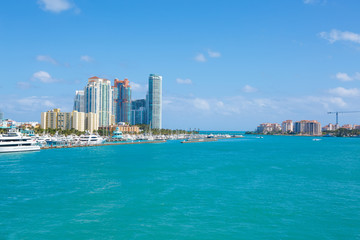 Fototapeta premium Miami, Florida, USA downtown skyline. Building, ocean beach and blue sky. Beautiful city of United States of America