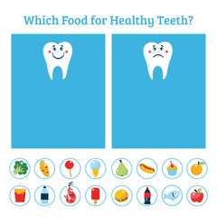 Dental education game for children. Choose what food for healthy teeth. 
