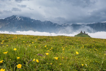 Gergeti Trinity Church (Georgian: წმინდა სამება - Tsminda Sameba), a popular name for Holy Trinity Church near the village of Gergeti in Georgia.