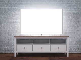 TV UHD OLED blank screen loft interior room, stylish concept mockup, template for smart tv applications or Tv programs