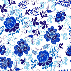 Vector amazing patterns of flowers and birds in Gzhel style.