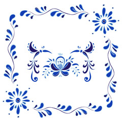 Gzhel (Russian traditional floral pattern) inspired decorative elements for design. Vector illustration. Print, card, banner, posters, t-shirts and textiles.