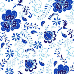 Vector amazing patterns of flowers and birds in Gzhel style.