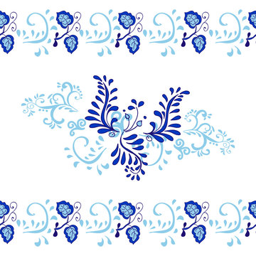 Vector amazing patterns (frame, border) of flowers and birds in Gzhel style.