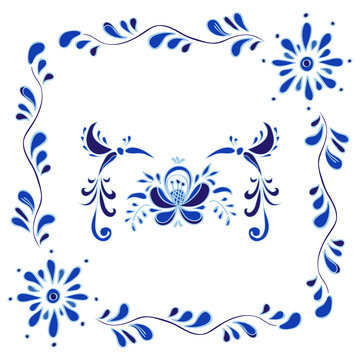 Gzhel (Russian traditional floral pattern) inspired decorative elements for design. Vector illustration. Print, card, banner, posters, t-shirts and textiles.