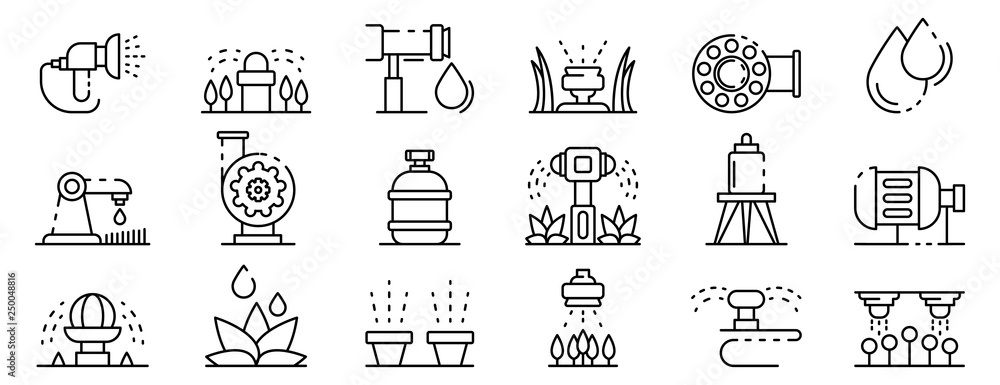 Poster irrigation system icons set. outline set of irrigation system vector icons for web design isolated o