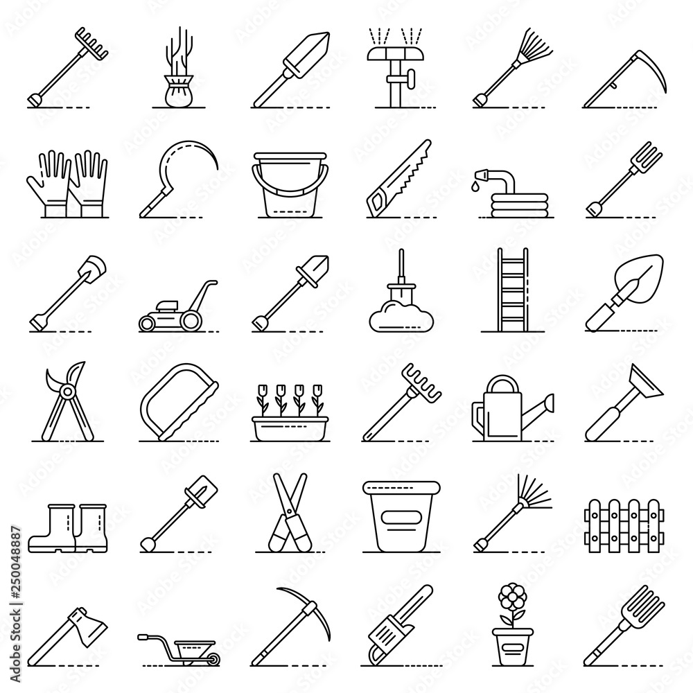 Poster gardening tools icons set. outline set of gardening tools vector icons for web design isolated on wh
