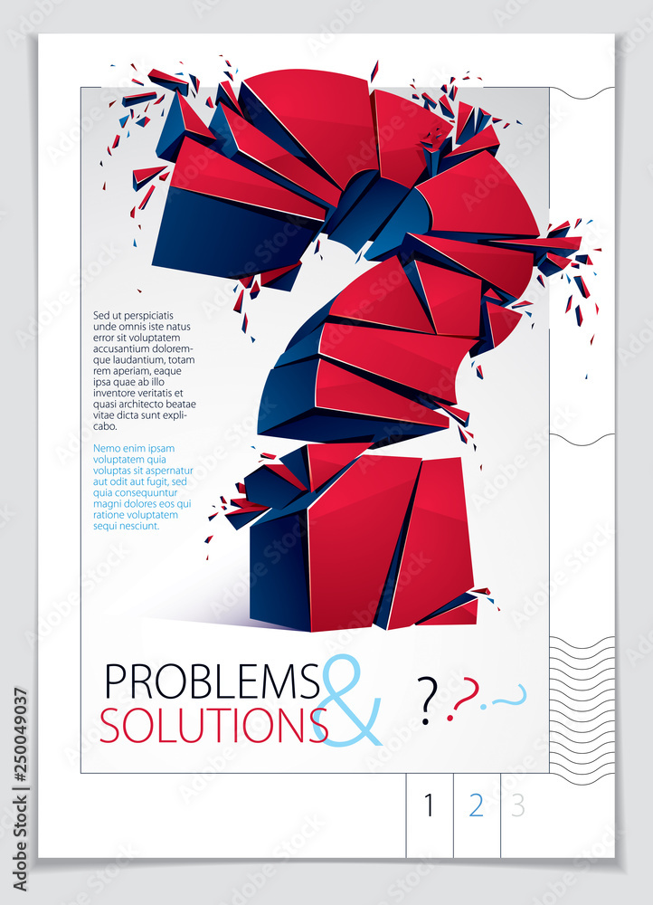 Poster broken question mark exploding brochure or flyer design, query breaking to pieces, vector 3d realist