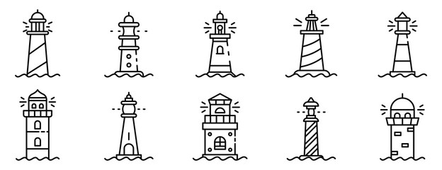 Lighthouse icons set. Outline set of lighthouse vector icons for web design isolated on white background