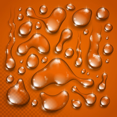 Water or juice drops set vector realistic 3d elements collection, transparent dew condensation drops over transparency checker mesh, prepared to put over orange background.