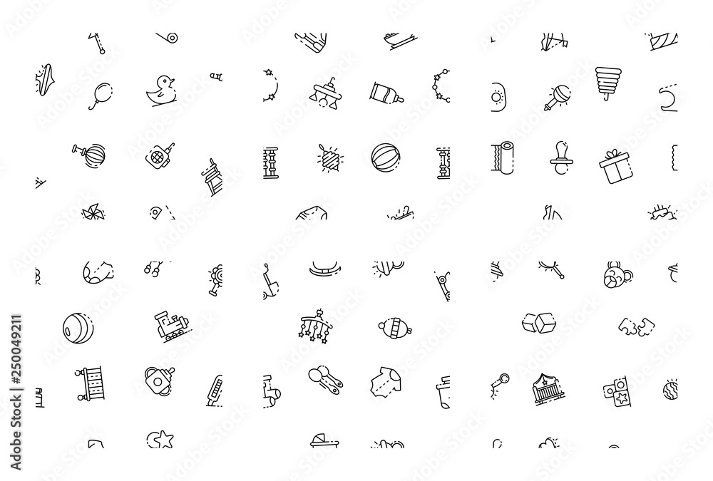 Poster baby newborn items pattern set. outline set of baby newborn items vector pattern for web design isol
