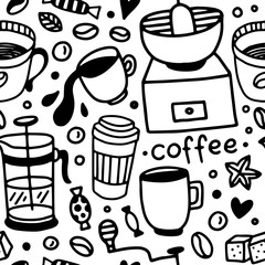 Black and white seamless vector coffee pattern. Food and drink hand drawn background. Cups, desserts, sweets symbols