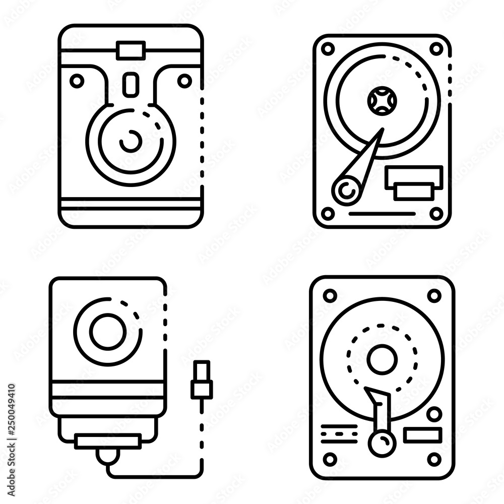 Poster hard disk icons set. outline set of hard disk vector icons for web design isolated on white backgrou