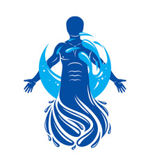 Vector graphic illustration of strong male, body silhouette surrounded by a water ball. Living in harmony with nature.