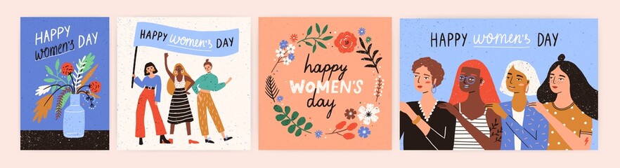 Collection of greeting card or postcard templates with flower bouquet in vase, floral wreath, feminism activists and Happy Women's Day wish. Modern festive vector illustration for 8 March celebration.