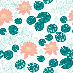 Delicate pattern with water lilies in Asian style and pastel colors