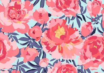Vector gentle floral pattern of blossoming peonies