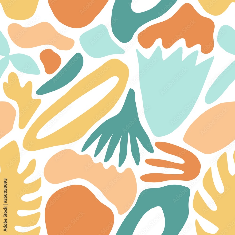 Poster Modern abstract seamless pattern with natural colorful shapes, blots or stains on white background. Vivid vector illustration in flat style for wrapping paper, wallpaper, fabric print, backdrop.