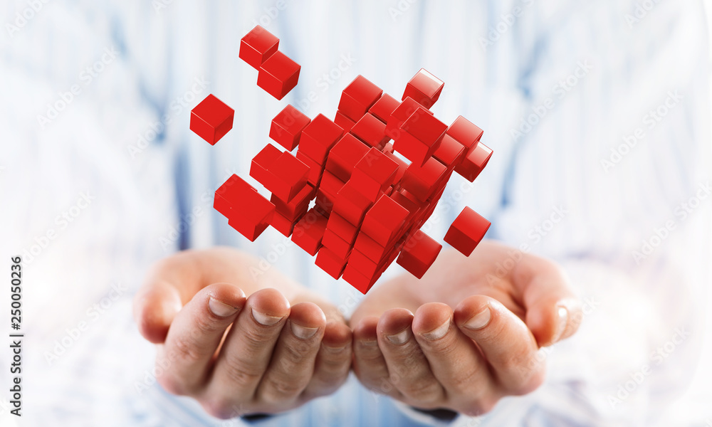 Poster concept of technology integration and innovation presented by cube figure. mixed media
