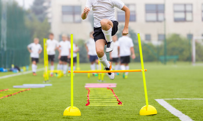 Soccer Player on Fitness Training. Footballers on Practice Session in Field on Sunny Day. Young Soccer Players at Speed and Agility Practice Training Session