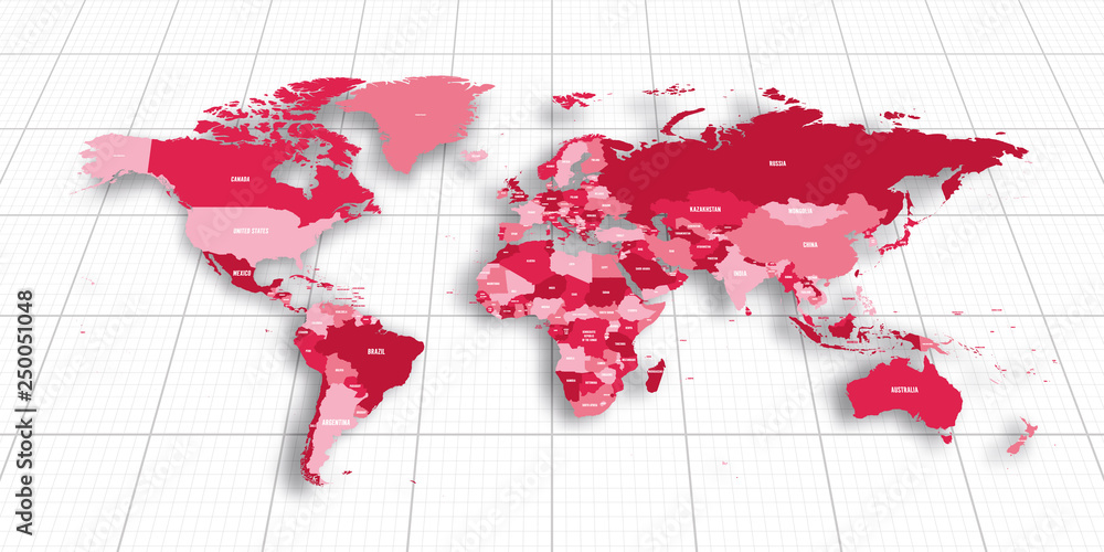 Poster pink geopolitical map of world. bottom perspective view with background grid. vector illustration