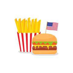 Fast food banner with American flag and hamburger with french fries