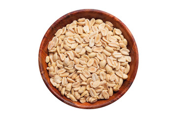 Peanuts in wooden bowl isolated on white in studio. Healthy nut diet food background.