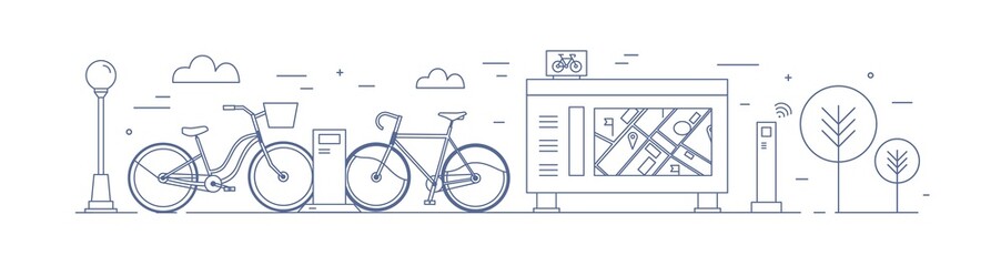 Public bike sharing zone with bicycles available for rent parked at docking stations on street, payment terminals, map stand drawn with contour lines. Monochrome vector illustration in linear style.
