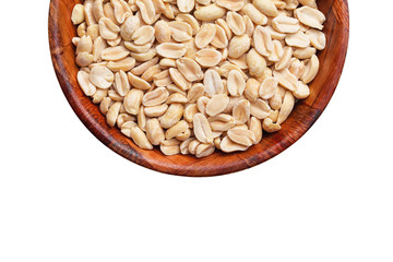 Peanuts in wooden bowl isolated on white. Healthy nut diet ingredient food studio background.