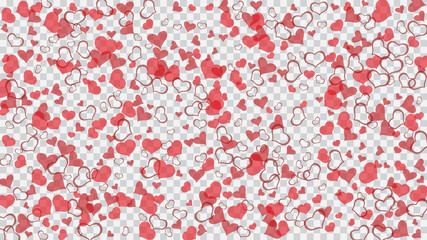 Romantic background. Red on Transparent fond Vector. Red hearts of confetti are falling. The idea of wallpaper design, textiles, packaging, printing, holiday invitation for Valentine's Day.