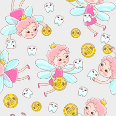 A tooth fairy with a coin flew over for a baby milk tooth. Vector seamless pattern in a cartoon style for pediatric stomatology or for a child dentist