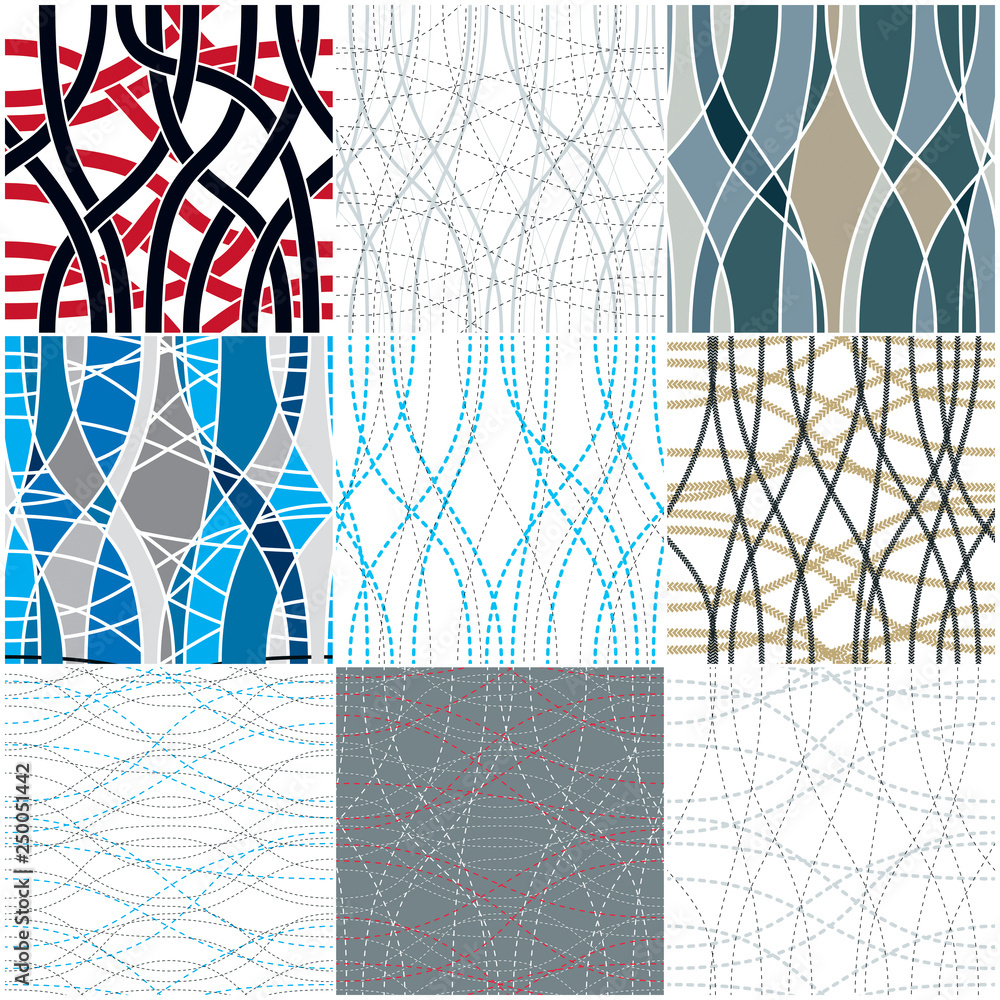 Poster curve wavy lines seamless patterns set, vector repeat endless backgrounds collection, tangled stripe