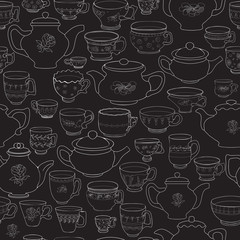 Vector seamless pattern of hand-drawn cups and pots.