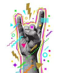  Rock'n'roll or Heavy Metal hand sign. Two fingers up. Engraved style hand and multicolored abstract elements. Vector illustration. © sergo77