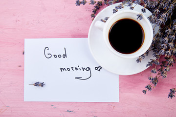 Coffee mug with bouquet of flowers lavender and notes good morning