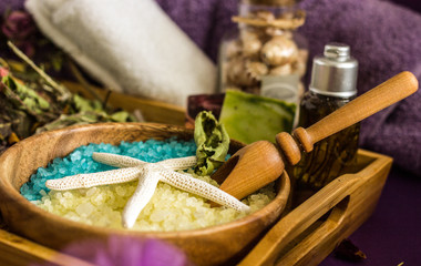Handmade bath salt with aromatic oils, cosmetology and spa, handmade salt with bath foam, background about homemade cosmetics