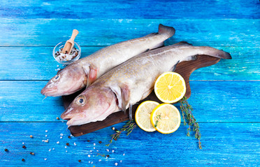 Fish pike on blue boards. Fish on a brown board with lemon and spices. pike on the board