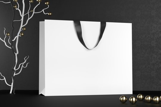 Premium White Shopping Bags Mock-up, Package For Purchases On A Black Background. White Paper Shopping Bag With Black Handles Mock Up. Luxury Paper Bags, 3d Rendering.