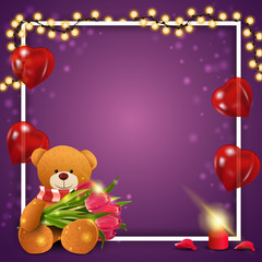 Purple postcard template for women's day with balloons in form of heart, garland, frame and Teddy bear with a bouquet of tulips