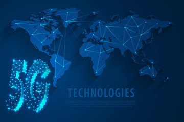5G Global network technology with world map blue background, vector
