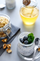 Chia seed pudding with granola, blueberry, walnut and honey decorated mint leaves on gray background. Selective focus. Healthy eating or vegetarian food concept