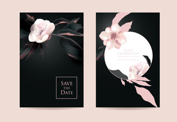 Zaproszenie na ślub w stylu botanicznym. Różowe kwiaty na ciemnym tle. Szablon wektor dla sklepu, salonu piękności, spa lub restauracji - 250054096