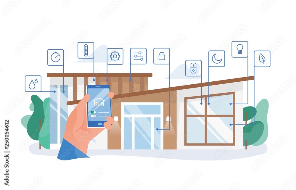 Poster hand holding smartphone with mobile application for house automation against residential building on