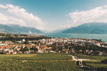 Fototapeta na wymiar Top view on Vevey city and Lavaux vineyards, canton of Vaud, Switzerland